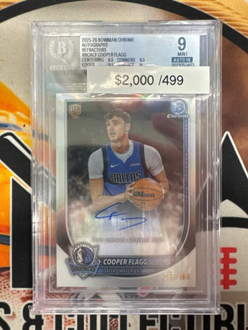 2025-26 Bowman Chrome Basketball Cooper Flagg Rookie Autograph Refractor /499 BGS 9 Autograph 10