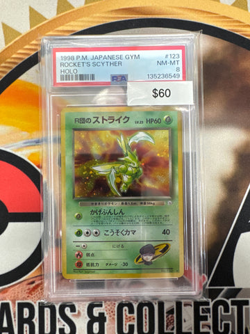 1998 Pokemon Japanese Gym Rocket’s Scyther No. 123 Holo PSA 8
