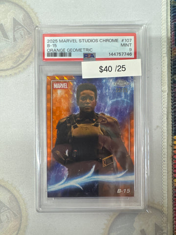 2025 Topps Marvel Studios Chrome B-15 Orange Geometric Refractor /25 PSA 9