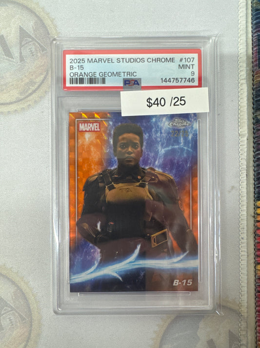 2025 Topps Marvel Studios Chrome B-15 Orange Geometric Refractor /25 PSA 9