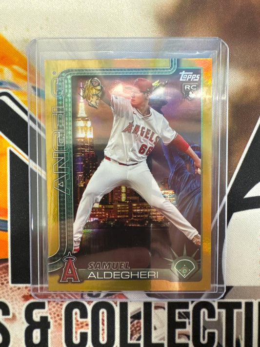 2025 Topps Series 2 MLB Samuel Aldegheri Rookie New York Fanatics Fest Gold Refractor /50