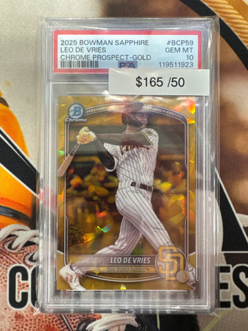 2025 Bowman Chrome MLB Sapphire Leo De Vries Chrome Prospect Gold Refractor /50 PSA 10