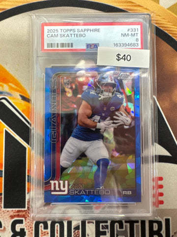 2025 Topps Chrome NFL Sapphire Cam Skattebo Rookie PSA 8