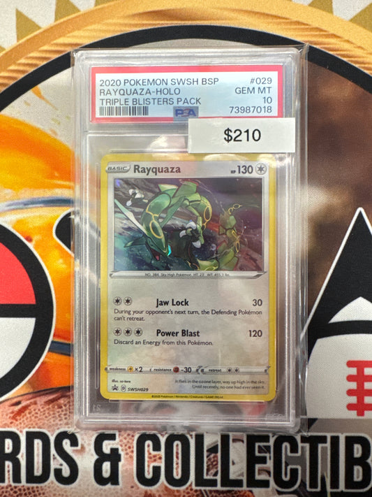 2020 Pokemon SWSH BSP Rayquaza Holo Triple Blisters Back SWSH029 PSA 10