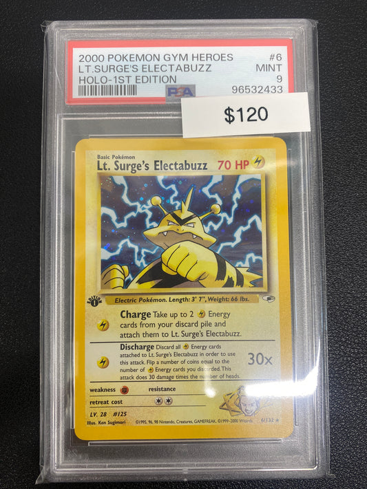 Pokémon 1st Edition Gym Heroes Lt. Surge’s Electabuzz Holo PSA 9