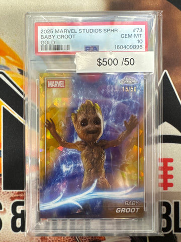 2025 Topps Chrome Marvel Studios Sapphire Baby Groot Gold Refractor /50 PSA 10