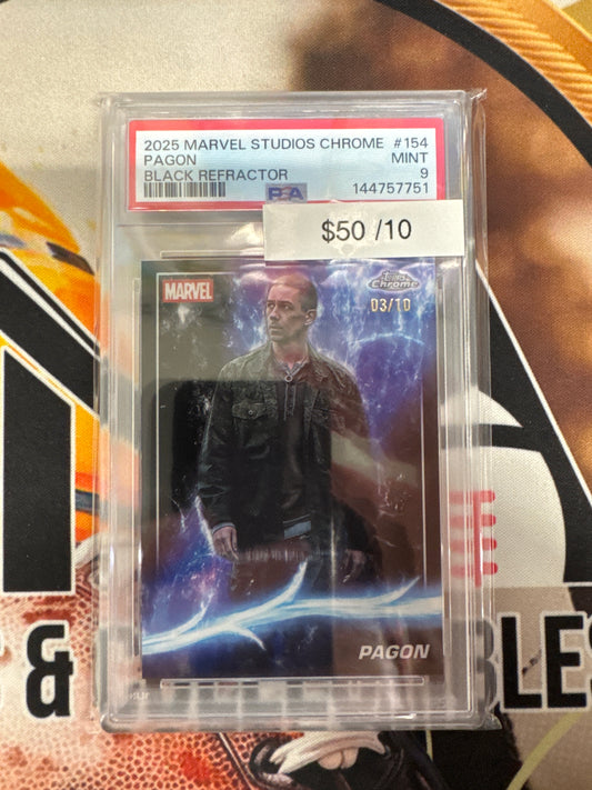 2025 Topps Marvel Studios Chrome Pagon Black Refractor /10 PSA 9