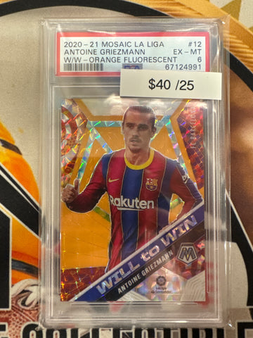 2020-22 Panini Mosaic LaLiga Antoine Griezmann Will To Win Orange Fluorescent /25 PSA 6