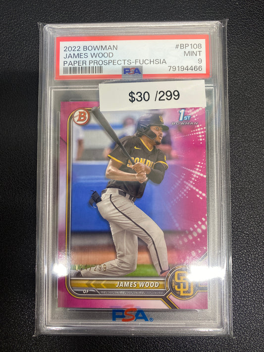 2022 Bowman James Wood Paper Prospects Fuchsia /299 PSA 9