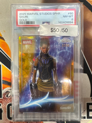 2025 Topps Chrome Marvel Studios Sapphire Shuri Gold Refractor /50 PSA 8
