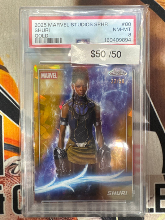 2025 Topps Chrome Marvel Studios Sapphire Shuri Gold Refractor /50 PSA 8
