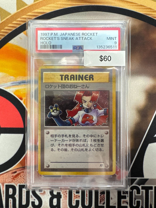 1997 Pokemon Japanese Rocket Rocket’s Sneak Attack Holo PSA 9 Swirl