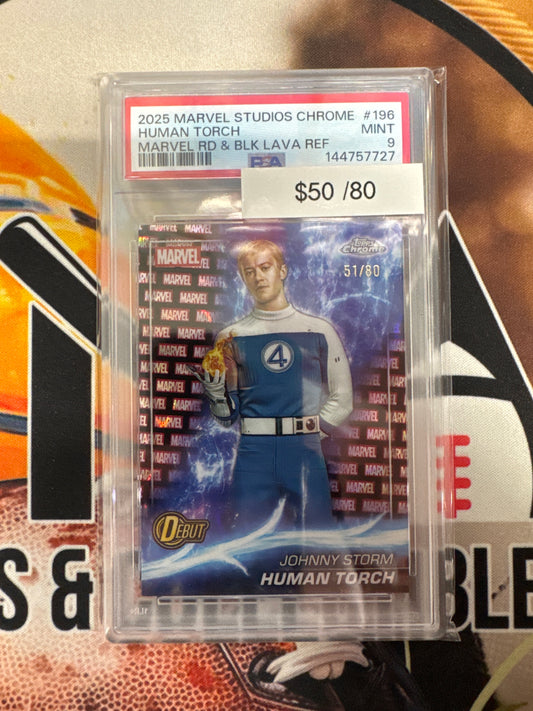 2025 Topps Marvel Studios Chrome Human Torch Marvel Red & Black Lava Refractor /80 PSA 9