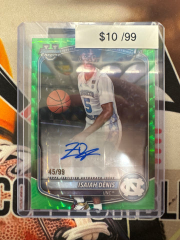 2025-26 Topps Bowman Chrome Basketball Isaiah Denis 1st Bowman Autograph Green Geometric Refractor /99