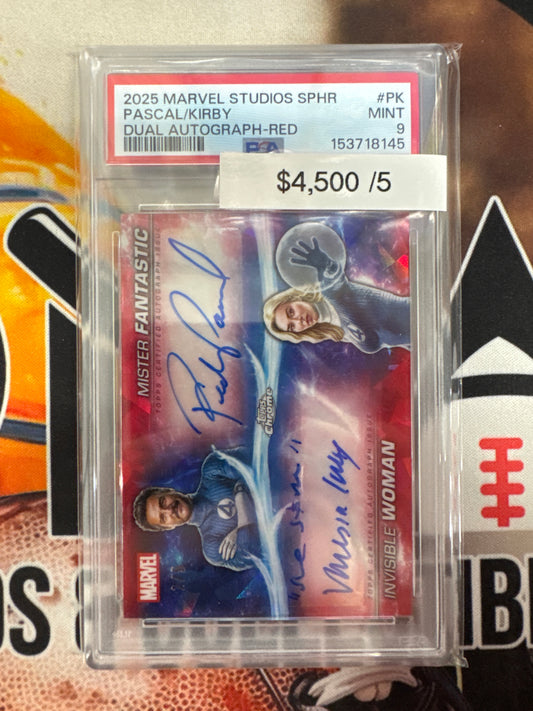2025 Topps Marvel Studios Chrome Sapphire Mister Fantastic Pedro Pascal & Invisible Women Vanessa Kirby Dual Autograph Red Refractor /5 PSA 9