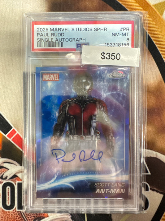 2025 Topps Marvel Studios Chrome Sapphire Paul Rudd As Ant-Man Single Autograph PSA 8