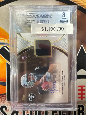 2026 Topps Flagship NFL Fernando Mendoza Rookie Material Autographs /99 BGS 8 Autograph /10