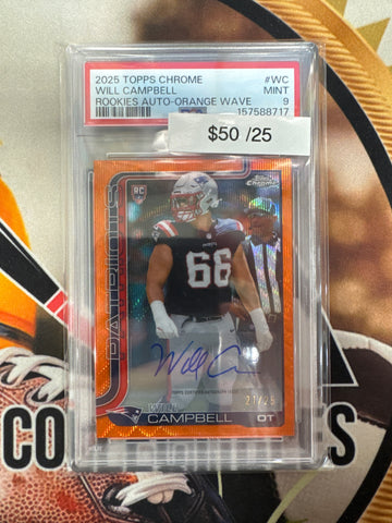2025 Topps Chrome NFL Will Campbell Rookie Autograph Orange Wave Refractor /25 PSA 9