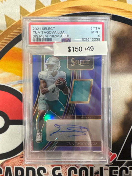 2021 Panini Select NFL Tua Tagovailoa Signature Memorabilia Prizm Blue /49 PSA 9