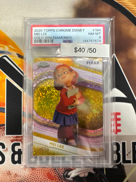 2025 Topps Chrome Disney Mei Lee Gold Mini Diamonds Refractor /50 PSA 8