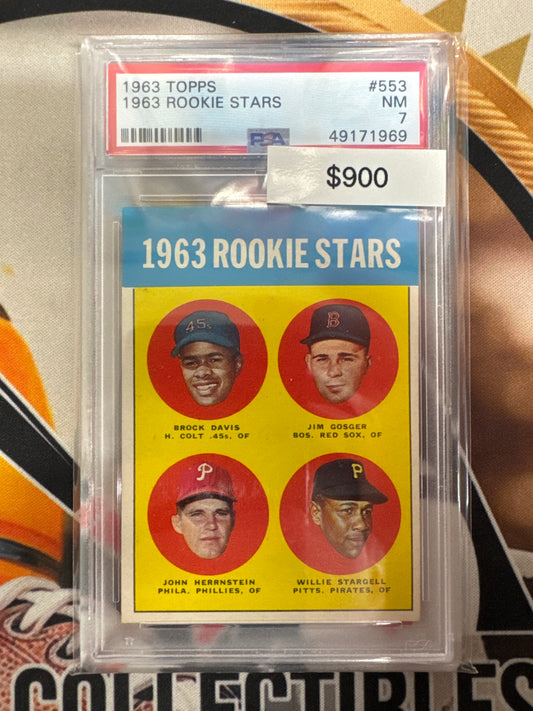 1963 Topps Baseball Brock Davis, Jim Gosger, John Herrnstain & Willie Stargell 1963 Rookie Stars PSA 7