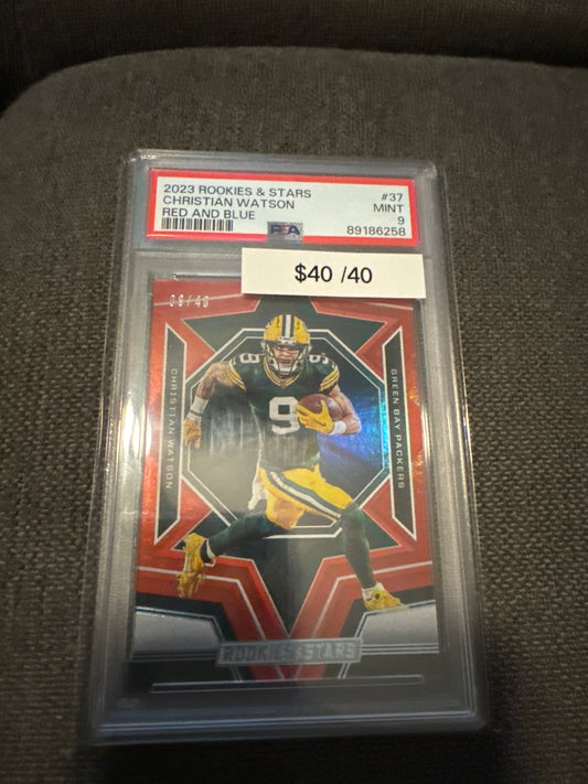 2023 Rookies & Stars Christian Watson red and blue /40 PSA 9