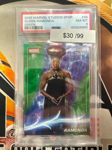 2025 Topps Chrome Marvel Studios Sapphire Queen Ramonda Green Refractor /99 PSA 8