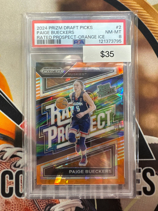 2024 Panini Prizm Draft Picks Paige Bueckers Rated Prospect Orange Ice PSA 8