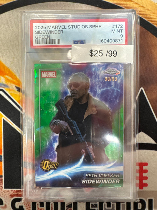 2025 Topps Chrome Marvel Studios Sapphire Seth Voelker Sidewinder Debut Green Refractor /99 PSA 9