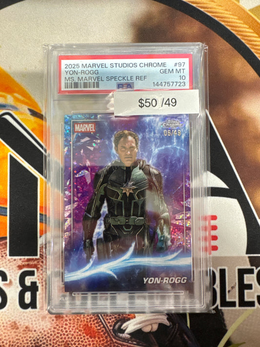 2025 Topps Marvel Studios Chrome Yon-Rogg Ms. Marvel Speckle Refractor /49 PSA 10