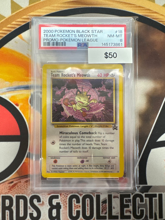 2000 Pokemon Black Star Team Rocket’s Meowth Promo Pokemon League 18 PSA 8