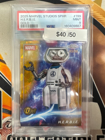 2025 Topps Chrome Marvel Studios Sapphire H.E.R.B.I.E Gold Refractor /50 PSA 9