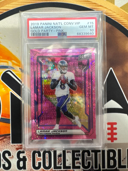 2019 Panini National Convention VIP Lamar Jackson Gold Party Pink /50 PSA 10