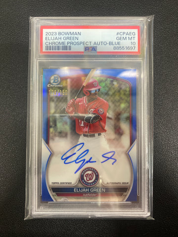2023 Bowman Elijah Green Chrome Prospect Auto Blue Refractor /150 PSA 10