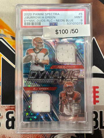 2020 Panini Spectra NFL Joe Burrow & A.J. Green Relic Neon Blue /50 PSA 9
