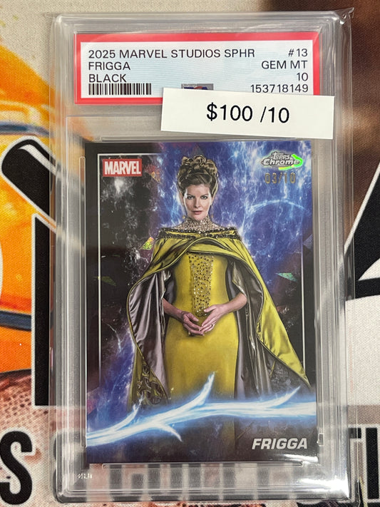 2025 Topps Chrome Sapphire Marvel Studios Frigga Black Cracked Ice /10 PSA 10
