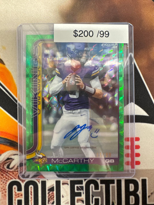 2025 Topps Chrome NFL J.J. McCarthy Base Autograph Variation Green Geometric Refractor /99