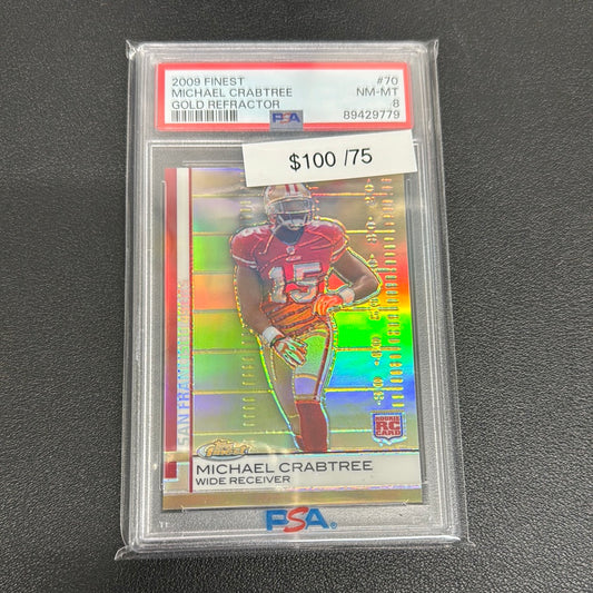 2009 Topps Finest Michael Crabtree gold refractor /75 PSA 8