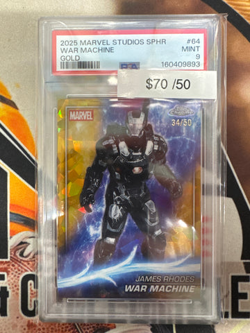 2025 Topps Chrome Marvel Studios Sapphire War Machine Gold Refractor /50 PSA 9