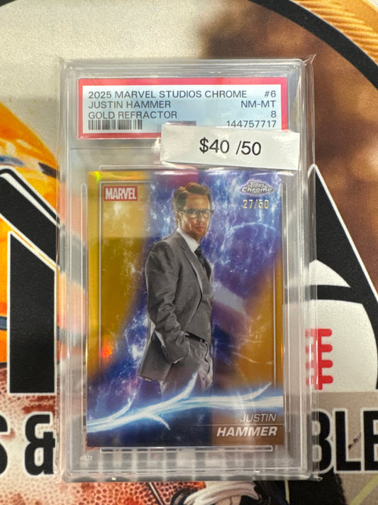 2025 Topps Marvel Studios Chrome Justin Hammer Gold Refractor /50 PSA 8