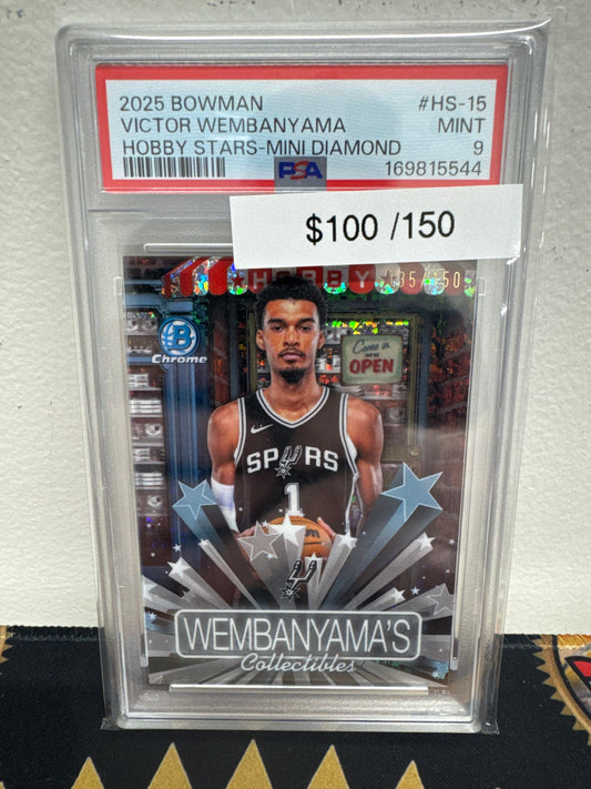 2025 Topps Bowman Basketball Victor Wembanyama Hobby Stars Mini Diamond Refractor /150 PSA 9