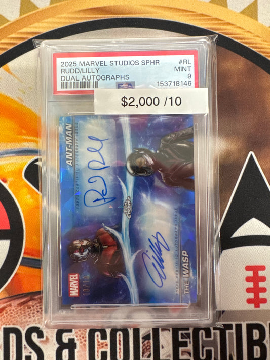 2025 Topps Marvel Studios Sapphire Paul Rudd As Ant-Man & Evangeline Lilly As The Wasp Dual Autograph /10 PSA 9