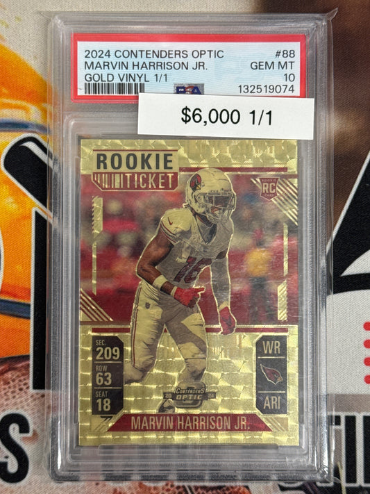 2024 Panini Contenders Optic NFL Marvin Harrison Jr. Rookie Ticket Gold Vinyl 1/1 PSA 10
