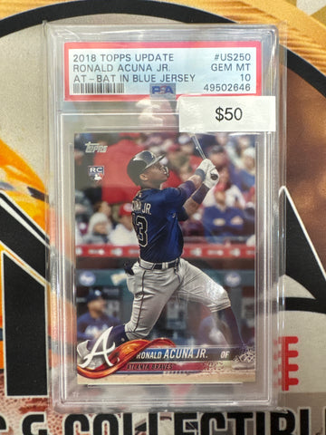 2018 Topps Update Series MLB Ronald Acuna Jr. At Bat In Blue Jersey Rookie PSA 10