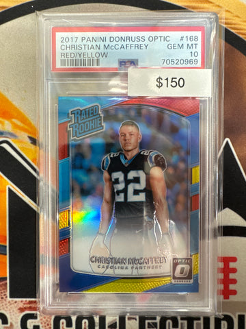 2017 Panini Donruss Optic NFL Christian McCaffrey Rated Rookie Red/Yellow Prizm PSA 10