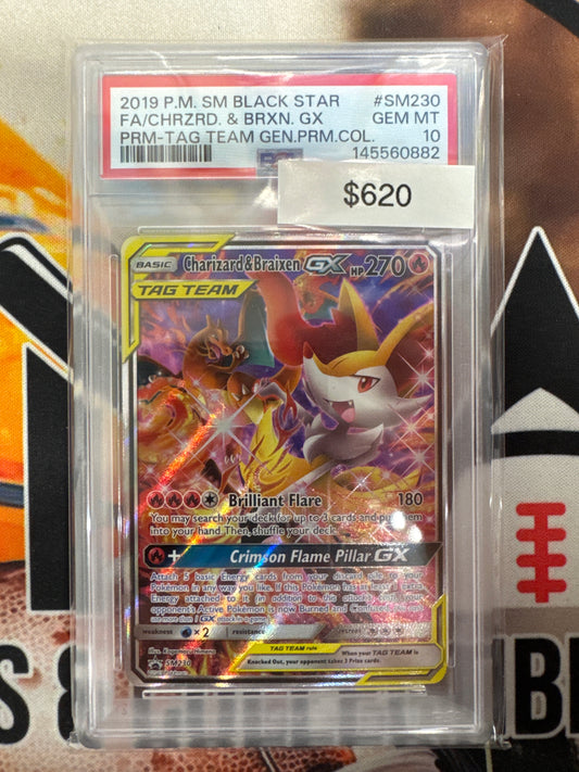 Pokémon SM Black Star FA Charizard & Braixen GX PRM Tag Team Gen Collection SM230 PSA 10