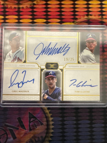 2024 Topps Definitive Collection Greg Maddux, John Smoltz & Tom Glavine Triple Autograph Gold /25