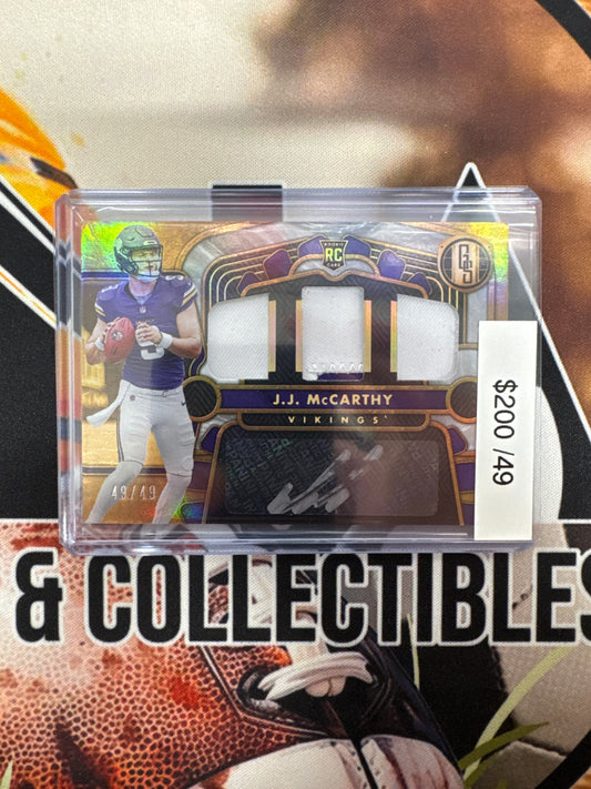 2024 Panini Gold Standard NFL J.J. McCarthy Rookie Triple Patch Autograph /49