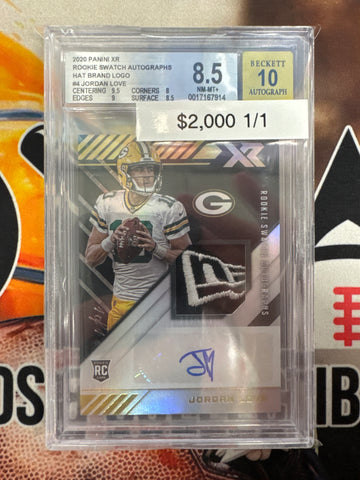 2020 Panini XR NFL Jordan Love Rookie Swatches Autograph Hat Brand Logo 1/1 BGS 8.5 Autograph 10