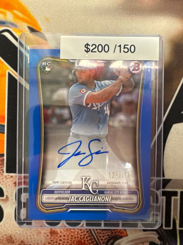 2026 Topps Bowman Baseball Jac Caglianone Bowman Rookie Autograph Paper Blue Refractor /150